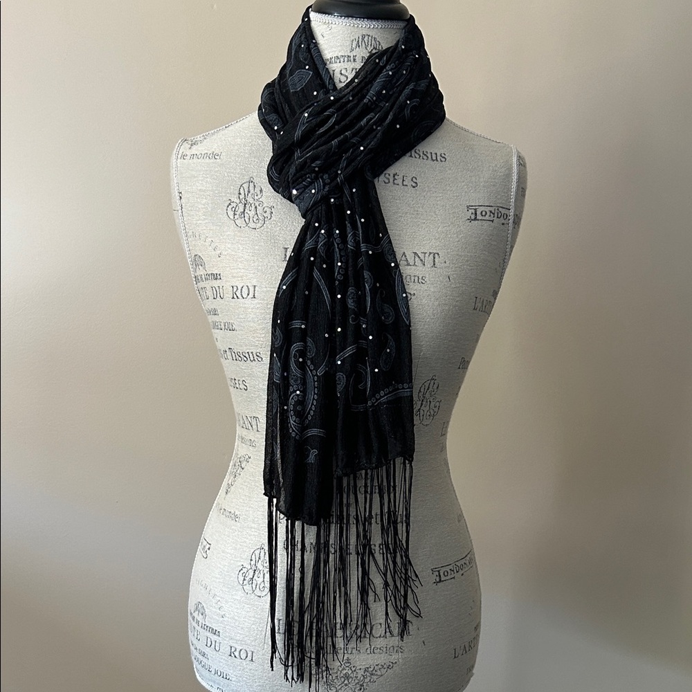 Dress Scarf, Beaded, Black & Grey Floral Print